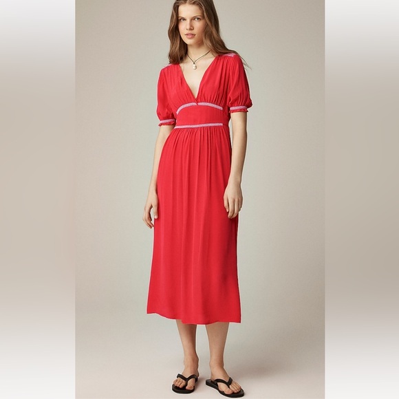 J. Crew Dresses & Skirts - J Crew Smocked Trim Maxi Dress‎ Red Crepe De Chine NWT Sz 6 Tie In Back